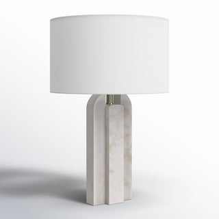 Table Lamp, White Marble Base with Linen Drum Shade