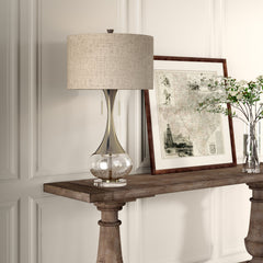 Table Lamp with Beige Drum Shade and Twin Pull Chains