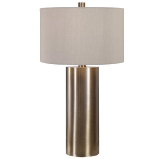 Table Lamp with Beige Linen Drum Shade and Brass Metal Base
