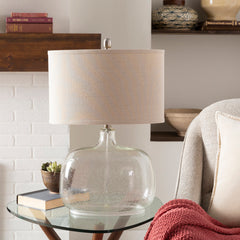 Table Lamp with Beige Linen Drum Shade and Clear Glass Base