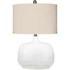 Table Lamp with Beige Linen Drum Shade and Clear Glass Base