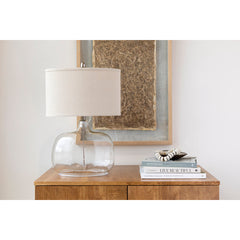 Table Lamp with Beige Linen Drum Shade and Clear Glass Base