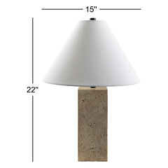 Table Lamp with Beige Travertine Base and White Linen Shade