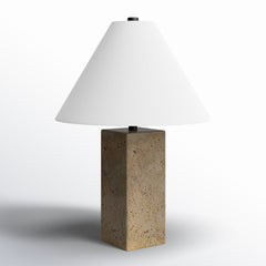 Table Lamp with Beige Travertine Base and White Linen Shade