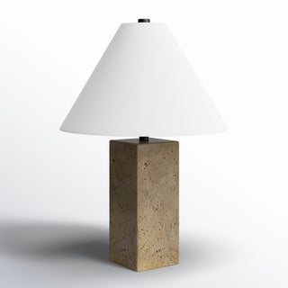 Table Lamp with Beige Travertine Base and White Linen Shade