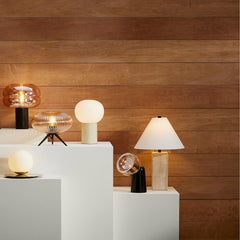 Table Lamp with Beige Travertine Base and White Linen Shade