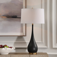 Table Lamp with Black Stone Base and White Linen Shade