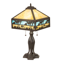 Table Lamp with Blue and Beige Glass Shade and Brown Base