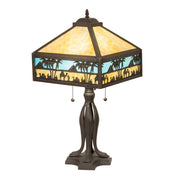 Table Lamp with Blue and Beige Glass Shade and Brown Base