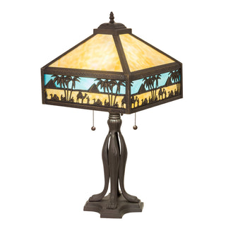Table Lamp with Blue and Beige Glass Shade and Brown Base