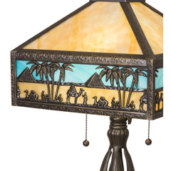 Table Lamp with Blue and Beige Glass Shade and Brown Base