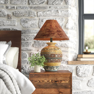 Table Lamp with Brown Base and Faux Leather Shade
