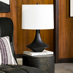 Table Lamp with Charcoal Resin Base and White Cotton Drum Shade