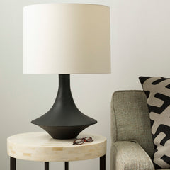 Table Lamp with Charcoal Resin Base and White Cotton Drum Shade