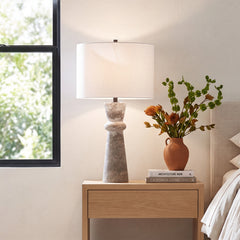 Table Lamp with Cotton Drum Shade, Gray Stone Base