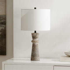 Table Lamp with Cotton Drum Shade, Gray Stone Base