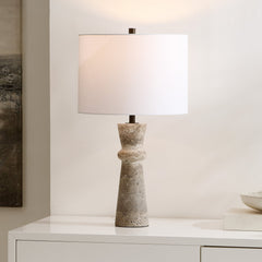 Table Lamp with Cotton Drum Shade, Gray Stone Base