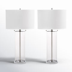 Table Lamp with Drum Shade, Clear Glass and Chrome Metal Base