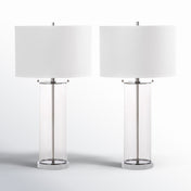 Table Lamp with Drum Shade, Clear Glass and Chrome Metal Base