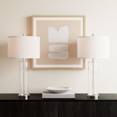 Table Lamp with Drum Shade, Clear Glass and Chrome Metal Base