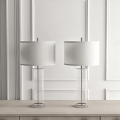 Table Lamp with Drum Shade, Clear Glass and Chrome Metal Base