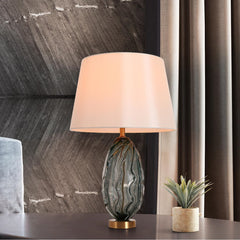 Table Lamp with Indigo Blue Glass Base and White Fabric Shade