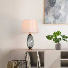 Table Lamp with Indigo Blue Glass Base and White Fabric Shade