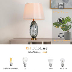 Table Lamp with Indigo Blue Glass Base and White Fabric Shade