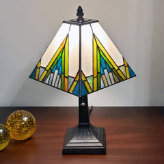 Table Lamp with Square Stained Glass Shade in Green and Ivory