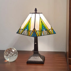 Table Lamp with Square Stained Glass Shade in Green and Ivory