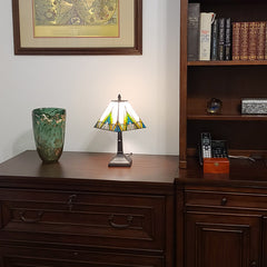 Table Lamp with Square Stained Glass Shade in Green and Ivory