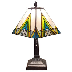 Table Lamp with Square Stained Glass Shade in Green and Ivory