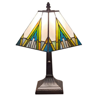 Table Lamp with Square Stained Glass Shade in Green and Ivory
