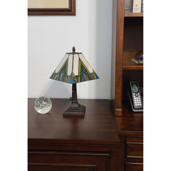 Table Lamp with Square Stained Glass Shade in Green and Ivory