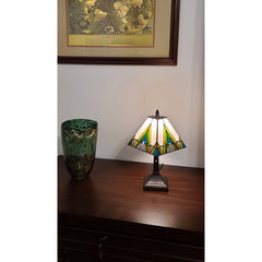 Table Lamp with Square Stained Glass Shade in Green and Ivory