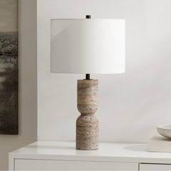 Table Lamp with Travertine Base and Cotton Drum Shade