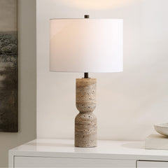 Table Lamp with Travertine Base and Cotton Drum Shade