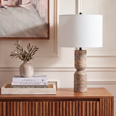 Table Lamp with Travertine Base and Cotton Drum Shade