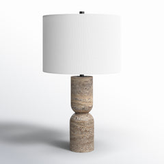 Table Lamp with Travertine Base and Cotton Drum Shade