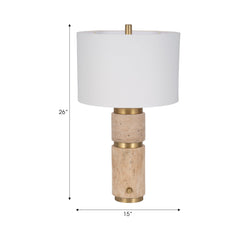 Table Lamp with Travertine Base and White Linen Drum Shade