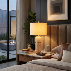Table Lamp with Travertine Base and White Linen Drum Shade