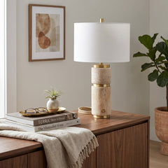 Table Lamp with Travertine Base and White Linen Drum Shade