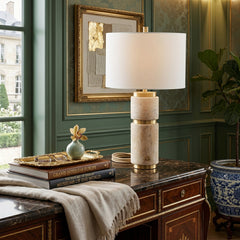 Table Lamp with Travertine Base and White Linen Drum Shade