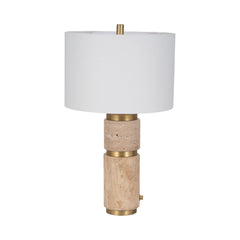 Table Lamp with Travertine Base and White Linen Drum Shade