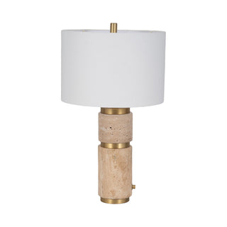 Table Lamp with Travertine Base and White Linen Drum Shade
