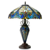 Table Lamp with Victorian Stained Glass Shade and Brown and Blue Base