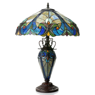 Table Lamp with Victorian Stained Glass Shade and Brown and Blue Base