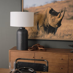 Table Lamp with White Fabric Drum Shade and Black Metal Base