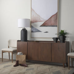 Table Lamp with White Fabric Drum Shade and Black Metal Base