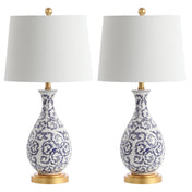 Table Lamps, Set of 2, Blue and White Gourd Body with Gold Base